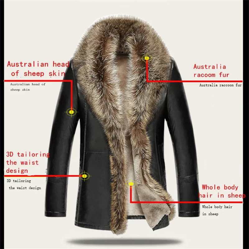 [New Winter Mens Clothing Raccoon Sheep Genuine Leather Long]