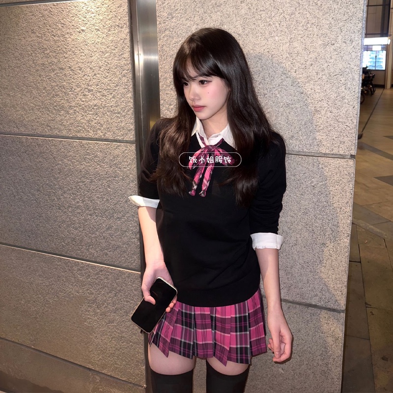 Xiaomei Jk Original Jk Uniform Sweet Preppy Style Winter Pullover Sweater Knit Top Layered Plaid Skirt Set