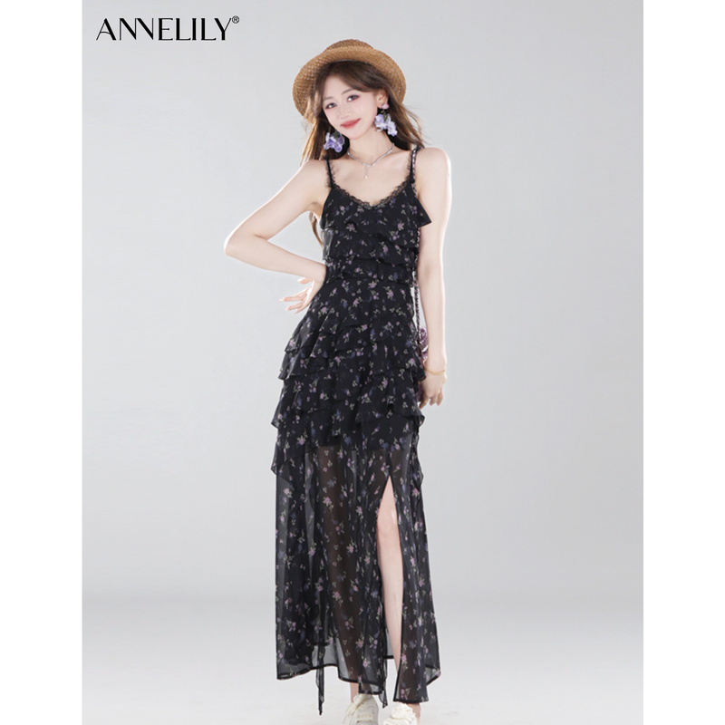 Anlili【Wanxin】Angeliki Spring Light Luxury Banquet Elegant Temperament V-Neck Floral Strap Dress