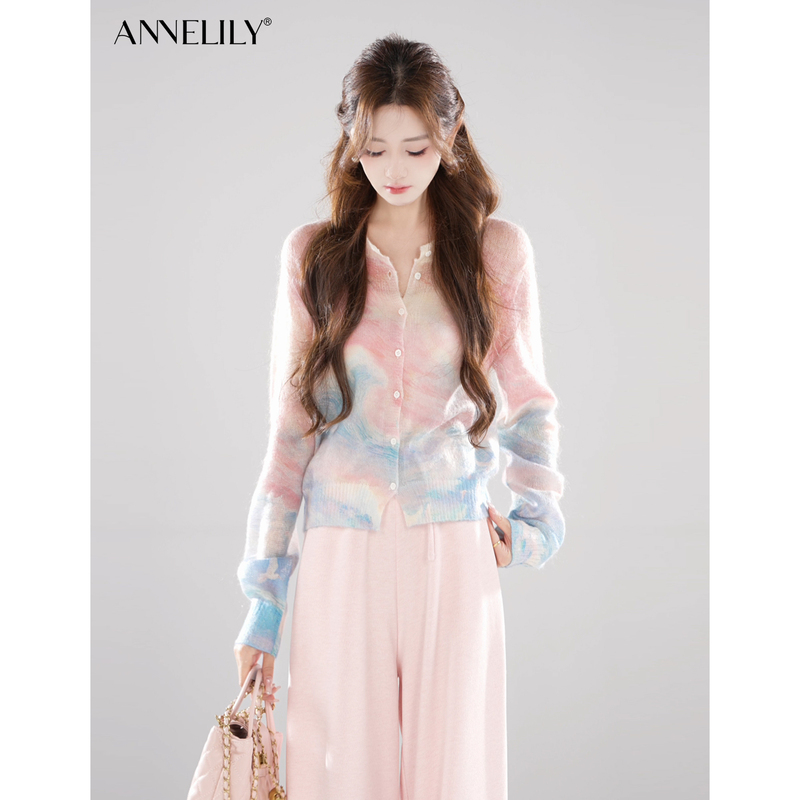Annelily Angeliki【Ice Cream】Autumn Heavy Craft Gentle Dopamine Knitted Cardigan Sweater