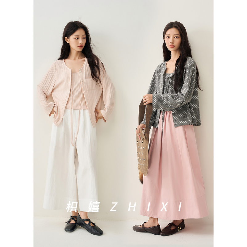 Zhi Xi French Retro Hollow-Out Knit Cardigan with Adjustable Straps and Tie-Up Jacket, Polka Dot Gray Blouse for Women