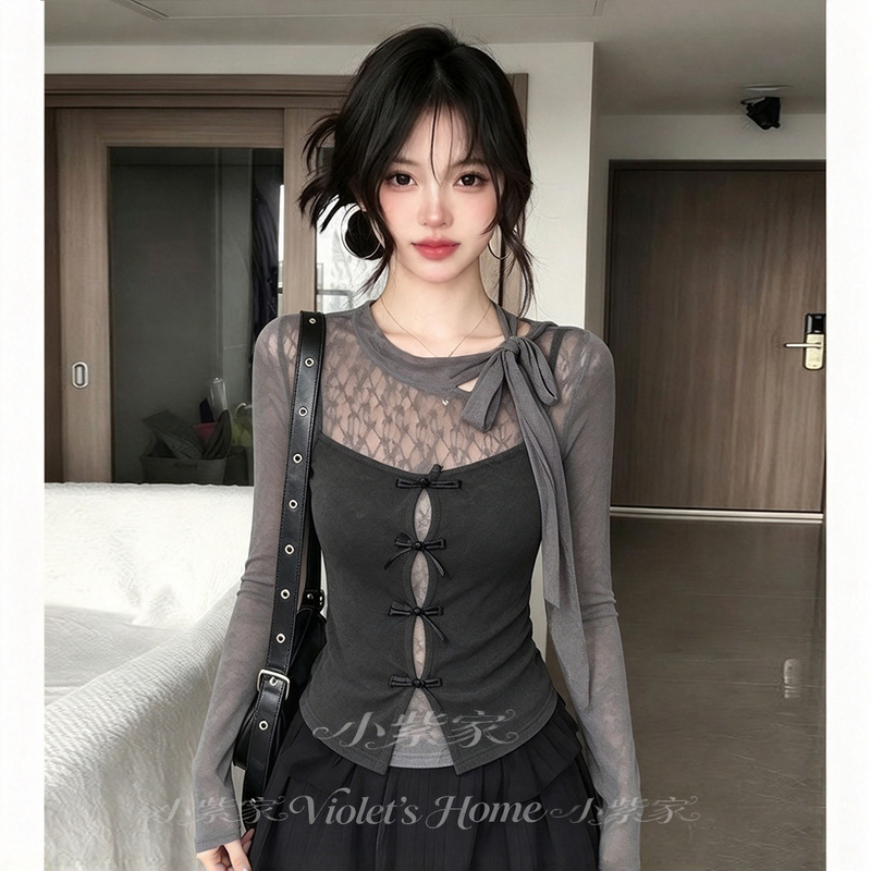 Half-High Collar Bow Lace Slightly See-Through T-Shirt Top for Women 2026 New Spring and Autumn Layered Camisole Two-Piece Set Half-High Collar Bow Lace Slightly See-Through T-Shirt Top for Women 2026 New Spring and Autumn Layered Camisole Two-Piece Set