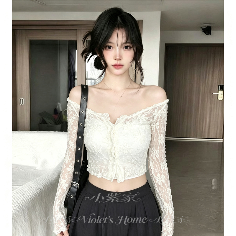 Sweet and Spicy Girl Hollow-Out Semi-Sheer Long-Sleeve Lace Cardigan for Women 2026 New Spring and Autumn Outerwear Slimming Short Style Trendy Women's Fashion