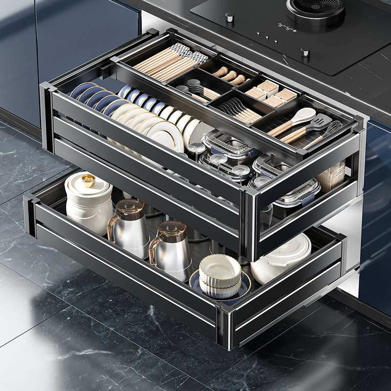Four Seasons Muge Pull-Out Basket Kitchen Cabinet Double-Layer Drawer-Type Dish Basket All-Aluminum Alloy Pull-Out Storage Cabinet