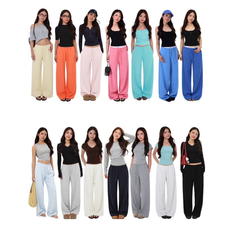 Mimiette Petite Mid-Low Waist Wide-Leg Straight Embroidered Sweatpants 6685 Relaxed Fit, Slimming Casual Pants