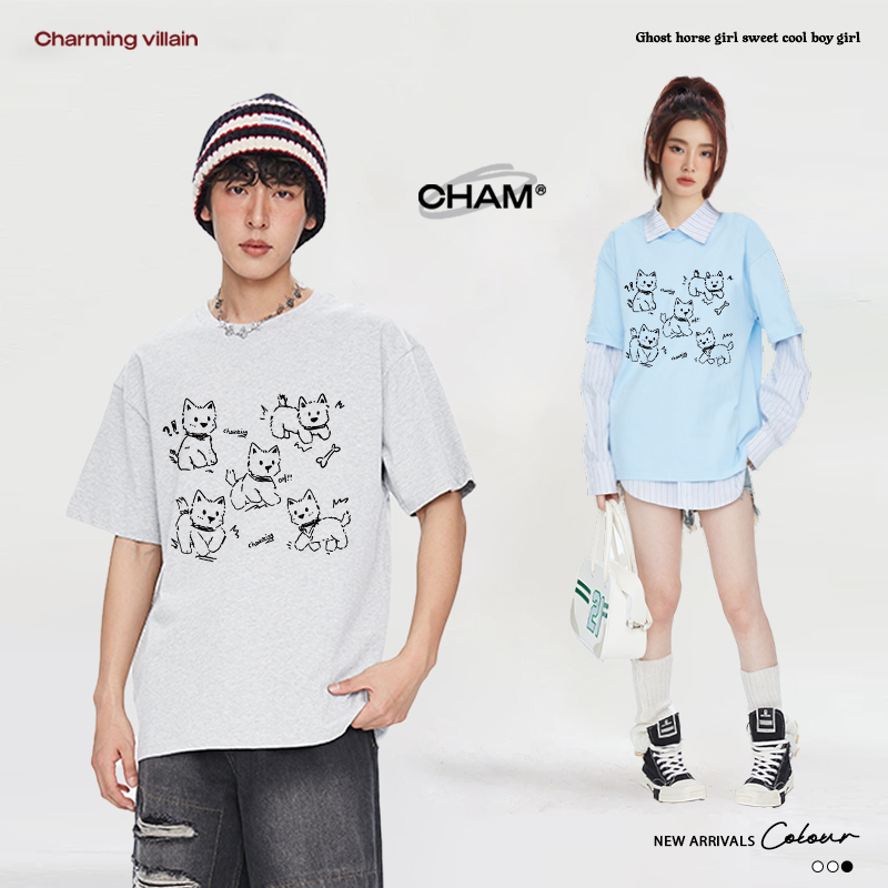 Cham Charming Villain West Highland Puppy Print Round Neck Pure Cotton Short Sleeve T-Shirt 2025 Summer New Men's and Women's Tops