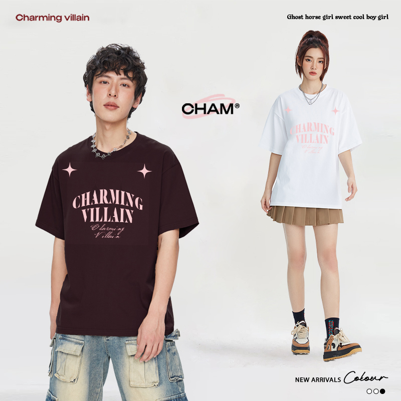 Cham Charming Villain Five-Pointed Star Pattern Printed Short-Sleeved 2025 Summer Men's and Women's Work Clothing and Daily Wear Tops
