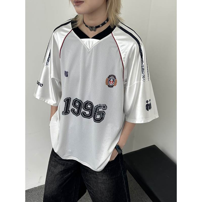 Loose-Fitting Cultural V-Neck Striped Patchwork Short-Sleeve T-Shirt for Women, Summer 1996 Graffiti American Football Mesh Jersey for Men