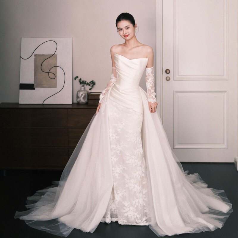 French-Style Satin Strapless Light Wedding Dress 2026 New Model Bridal Mermaid Lace Simple Lightweight Reception and Exit Gown