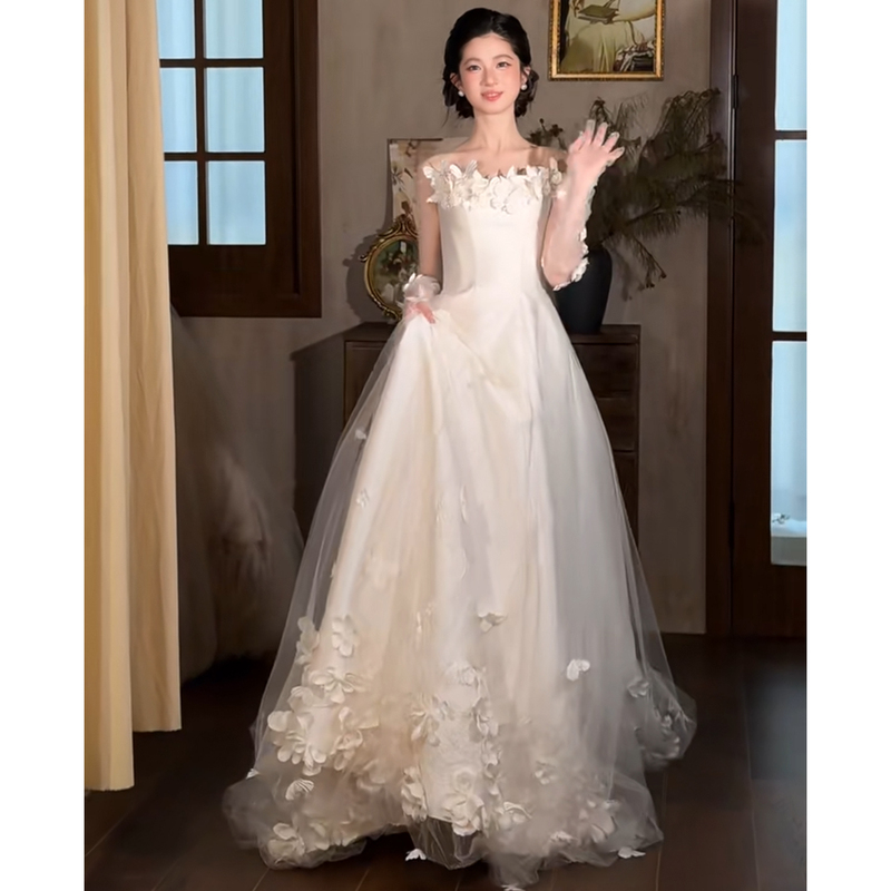 Strapless Satin Floral Light Wedding Dress 2026 New Bridal Engagement Gown for Petite Figures with a High-End Feel for Welcoming Guests and Going Out