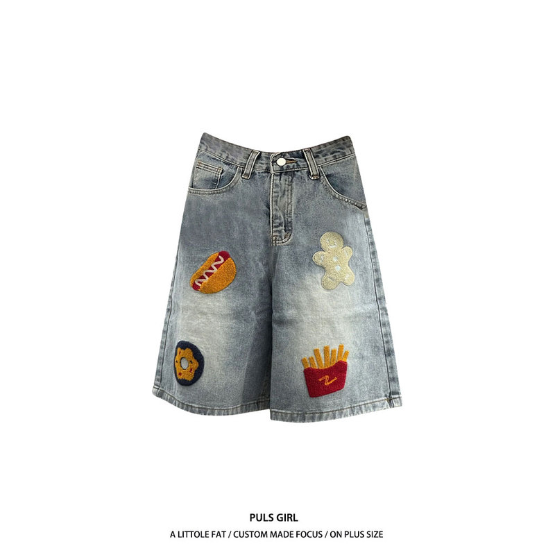 Plus-Size American Retro Burger and Fries Towel Embroidery Straight-Leg Denim Shorts for Women, Summer Loose Wide-Leg Knee-Length Shorts Trendy