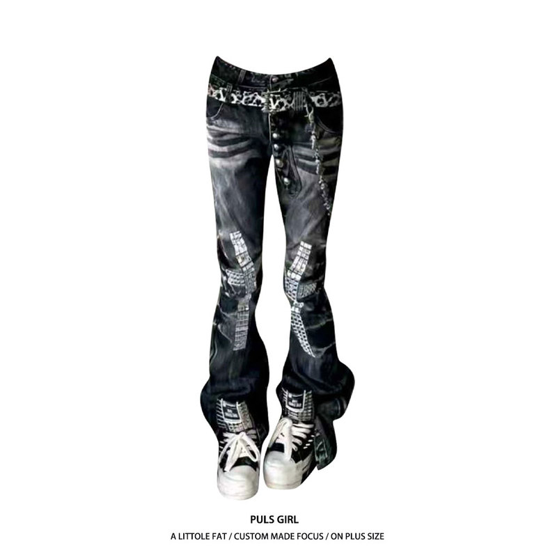 Plus-Size American High Street Style Cross-Stitched Rhinestone Double-Waistband Jeans for Women, 2026 New Slim-Fit Button-Up Scimitar Long Pants