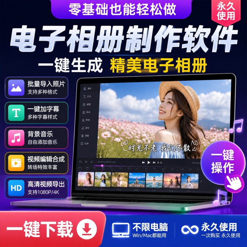 Software for Creating Electronic Photo Albums with Zero Technical Knowledge, One-Click Addition of Subtitles and Background Music, Editing and Synthesis of High-Definition Videos Software for Creating Electronic Photo Albums with Zero Technical Knowledge, One-Click Addition of Subtitles and Background Music, Editing and Synthesis of High-Definition Videos