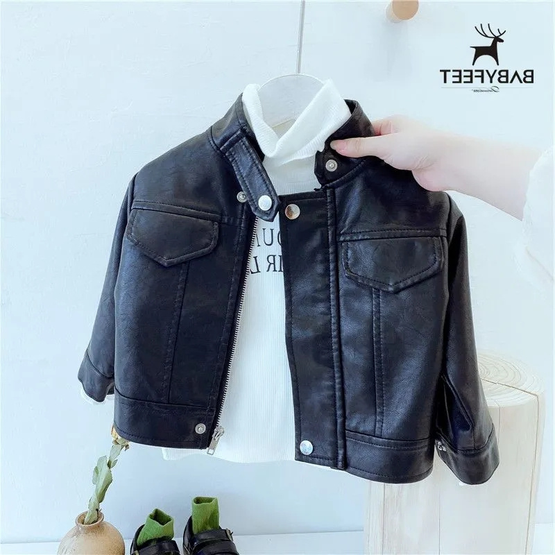 Children's leather jacket Spring and autumn season male and female child handsome gas casual locomotive clothes baby winter plus suede thickened jacket tide-Taobao