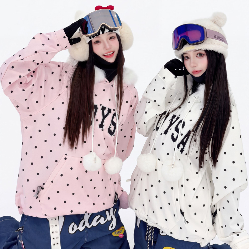 Koysa Sweet Cool Style Soft Shell Ski Sweatshirt with Heavy-Duty Three-Proof Fleece Lining, Warm Polka Dot Ski Jacket, Loose-Fitting Women's Sweatshirt