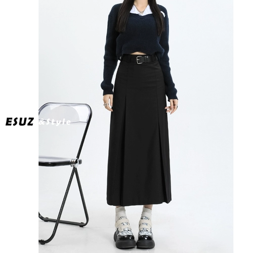 Черная летняя юбка в складку, костюм, длинная юбка, изысканный стиль, плиссированная юбка, в корейском стиле, А-силуэт, средней длины