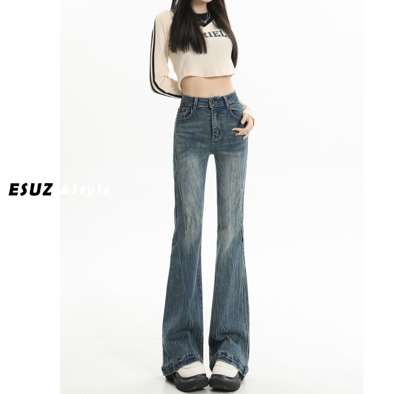 Retro Blue Slim-Fit Flared Jeans for Women, New Summer Design, High-Waisted, Slimming, Vintage Washed Bell-Bottom Pants Retro Blue Slim-Fit Flared Jeans for Women, New Summer Design, High-Waisted, Slimming, Vintage Washed Bell-Bottom Pants