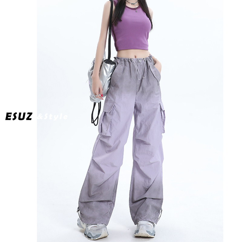 Purple Tie-Dye Gradient Cargo Pants for Women, Summer Thin 2026 New American Style High-Waisted Loose Slimming Casual Wide-Leg Pants