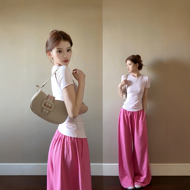 Pure Cotton High-End Sports Suit for Women in Summer, Slimming, Fashionable, Slim-Fitting, Right-Shoulder Short-Sleeved Wide-Leg Pants, Casual Two-Piece Set