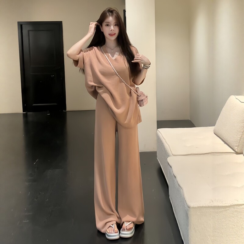 Pure Cotton Casual Sportswear Set for Women, Summer Loose and Stylish Short-Sleeved Wide-Leg Pants, Casual Two-Piece Set, Trendy
