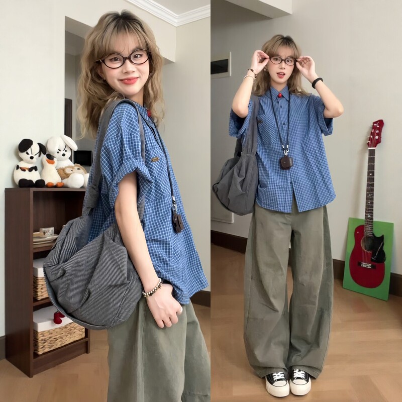 Hong Kong Style Retro Sports Suit for Women, Summer Student Loose Versatile Shirt, Short-Sleeved Wide-Leg Pants, Casual Two-Piece Set, Trendy