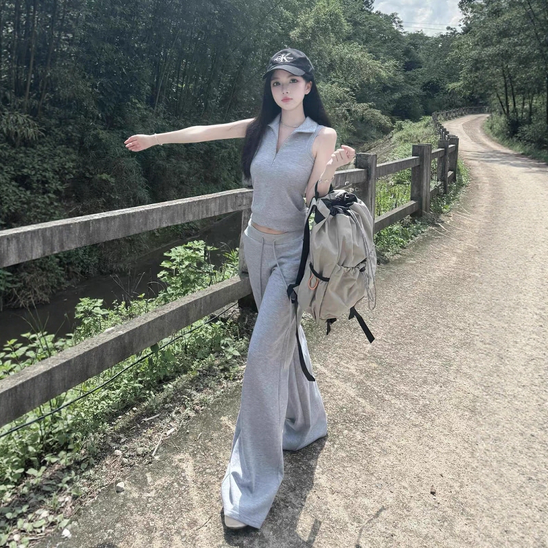 High-End Sportswear Suit for Women, Summer Loose-Fitting Korean Style Fashionable Sleeveless Top and Long Pants Casual Two-Piece Set