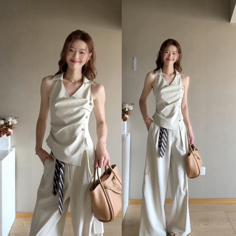 Korean-Style High-End Sportswear Set for Women, Summer Fashion, Old Money Style, Sleeveless Top, Wide-Leg Pants, Casual Two-Piece Set