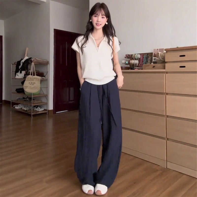 Korean Chic Sports Suit for Women, Summer Loose Fit, Slimming, Fashionable Polo Collar Short-Sleeve Wide-Leg Pants Casual Two-Piece Set
