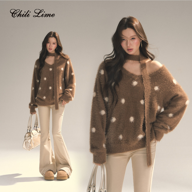 Chili Lime Original Loose and Lazy Style Brown Mohair Soft V-Neck Sweater Jacket for Women in Autumn and Winter