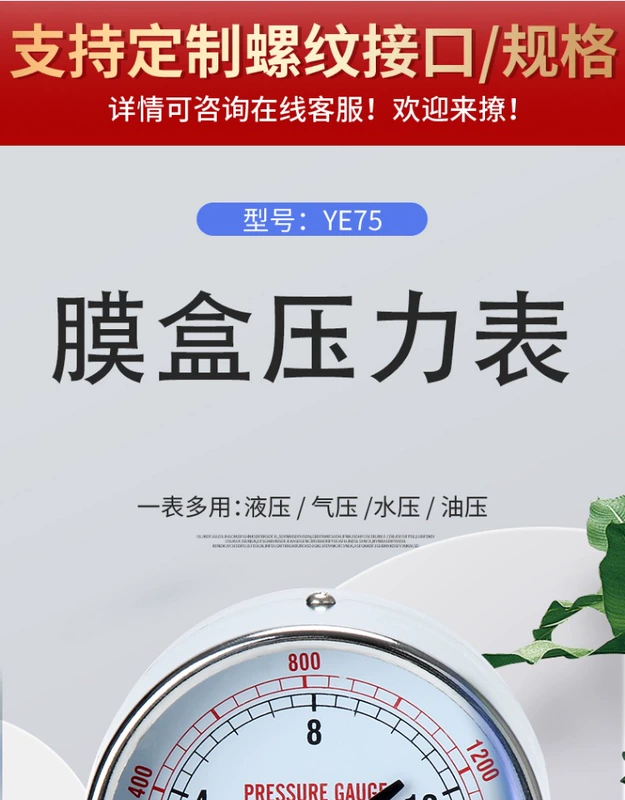 Đồng hồ đo áp suất màng khí tự nhiên loại chống quá áp ye-75 đồng hồ đo áp suất chân không tích cực và tiêu cực trục 60kpa đồng hồ đo áp suất vi mô