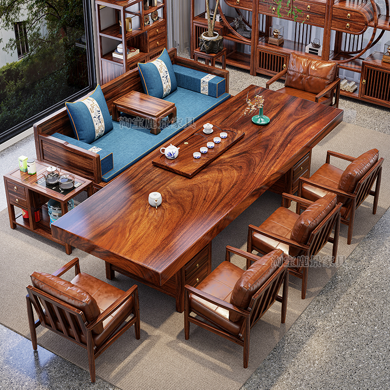 Walnut Solid Wood Whole Board Luohan Bed, Large Board Tea Table and Chair Set, Living Room Home Tea Table, High-End Office Tea Table Walnut Solid Wood Whole Board Luohan Bed, Large Board Tea Table and Chair Set, Living Room Home Tea Table, High-End Office Tea Table