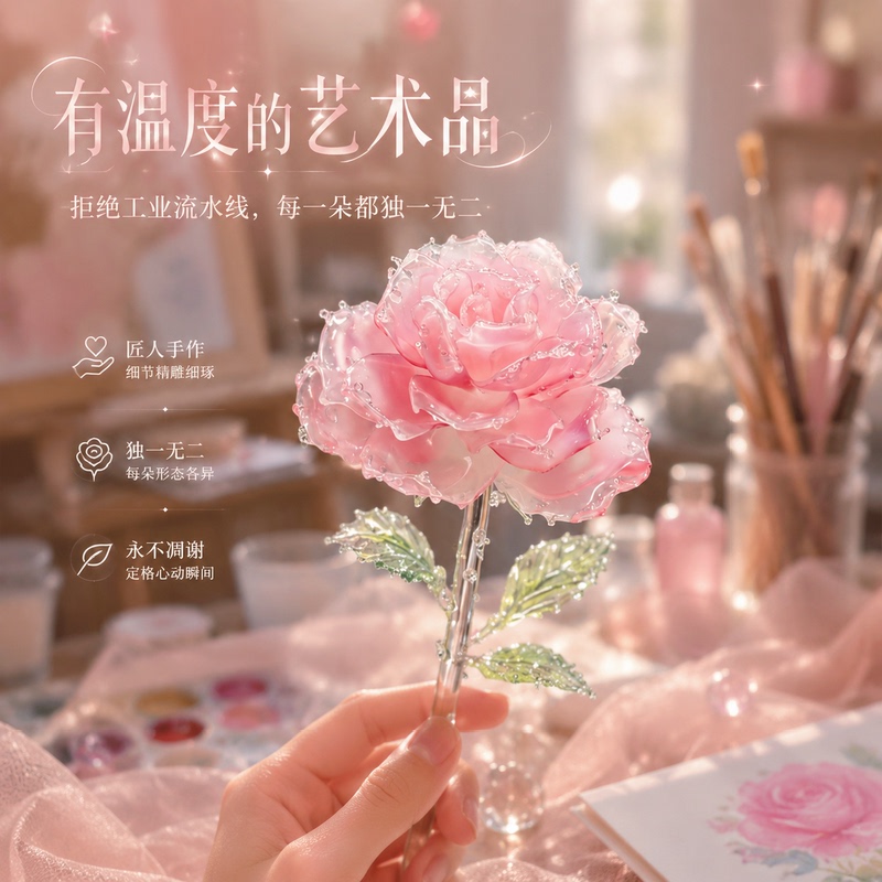 Zibo Handmade Glass Rose Flower Light Luxury Desktop Decoration Internet Celebrity Ice Crystal Pink Rose for Valentine's Day Confession Girlfriend's Birthday
