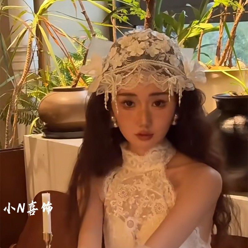 Retro Law Style Mori Bridal Flowers Hat Yarn Hair Accessories Beauty New Lace Headwear to Write True Marriage Yarn Accessories-Taobao