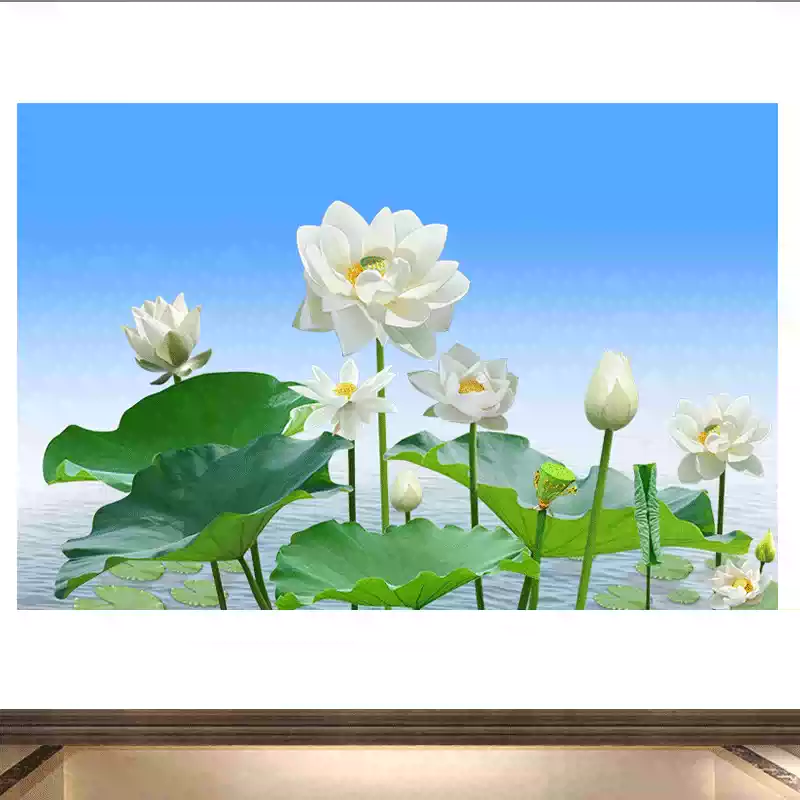 荷花圖 白荷花聚财图风水画中式客厅装饰荷花壁画沙发背景墙防水车贴荷花图
