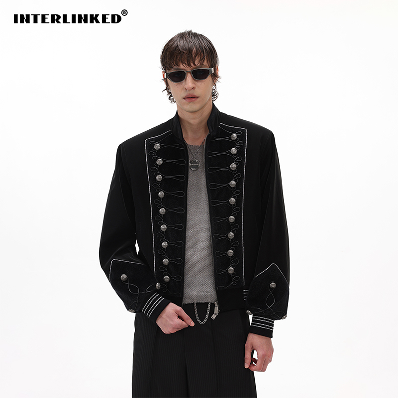 Interlinked Independently Designed Palace-Style Double-Breasted Napoleon Jacket with Distressed Metal Buttons and Embroidered Coat