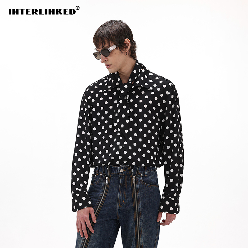 Interlinked Modern Youth Independent Original Black and White Contrast Polka Dot Scarf Patchwork Long Sleeve Shirt