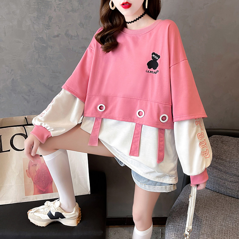 Pregnancy Woman Dress Spring Autumn section Thin Pregnant Woman Spring Dress Blouse Design Sensation Insinuke Street Fake two long sleeves thick cotton T woman