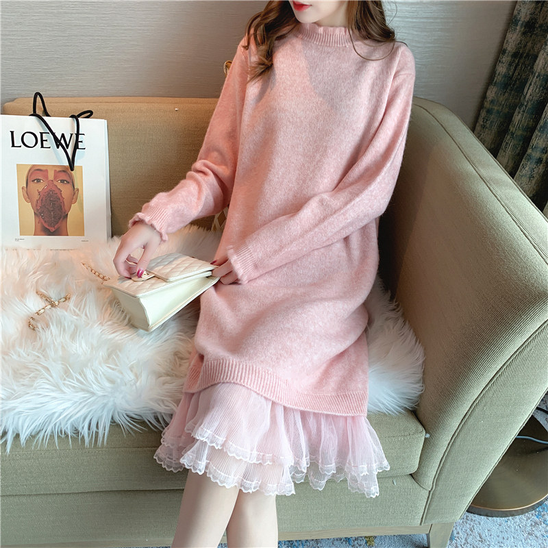 Fashion Gestation Women's Clothing Autumn Winter Style Foreign Dress Loose Splicing Lace Pregnant pregnant women's sweater with a long version of the undershirt and hot mother