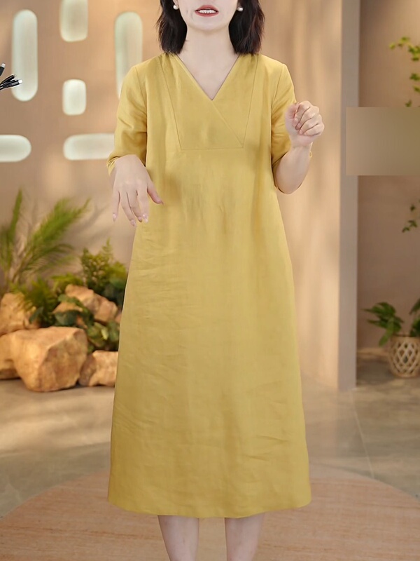 2026 Autumn Fashionable Yellow Dress for Women, Age-Reducing, Versatile, Elegant, Loose Fit, Plus Size, Stylish V-Neck Straight Long Dress 2026 Autumn Fashionable Yellow Dress for Women, Age-Reducing, Versatile, Elegant, Loose Fit, Plus Size, Stylish V-Neck Straight Long Dress
