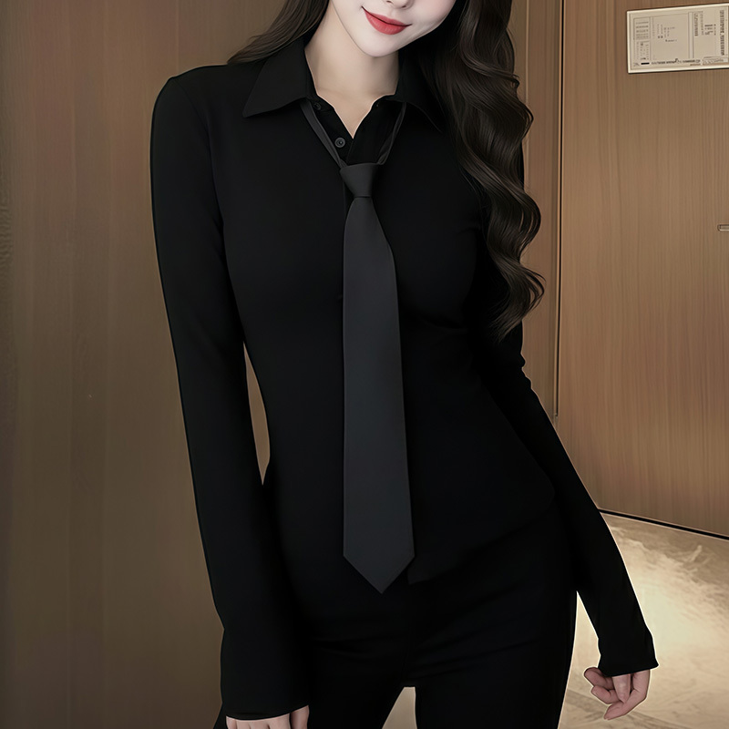 American-Style Fashionable College-Style Tie Long-Sleeved Shirt for Women Early Spring New Slim-Fitting Waist-Cinching High-End Top