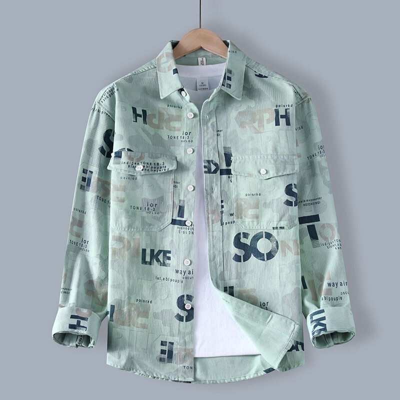100% Pure Cotton Long-Sleeved Shirt for Men with Green Letter Print, Youth Student Shirt, Spring New Thin Jacket