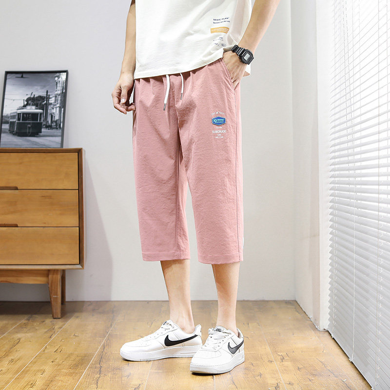 Men's Casual Pants, Summer Thin Cropped Pants, Pink Mid-Length Pants for Teenagers and Students, Fashionable Versatile Trendy Loose Pants