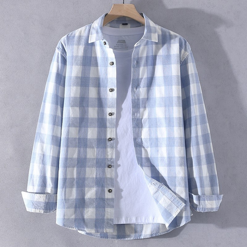 Checkered Long-Sleeved Shirt for Men, 100% Cotton Shirt for Teenagers and Students, Blue Spring and Summer Sun Protection Thin Jacket