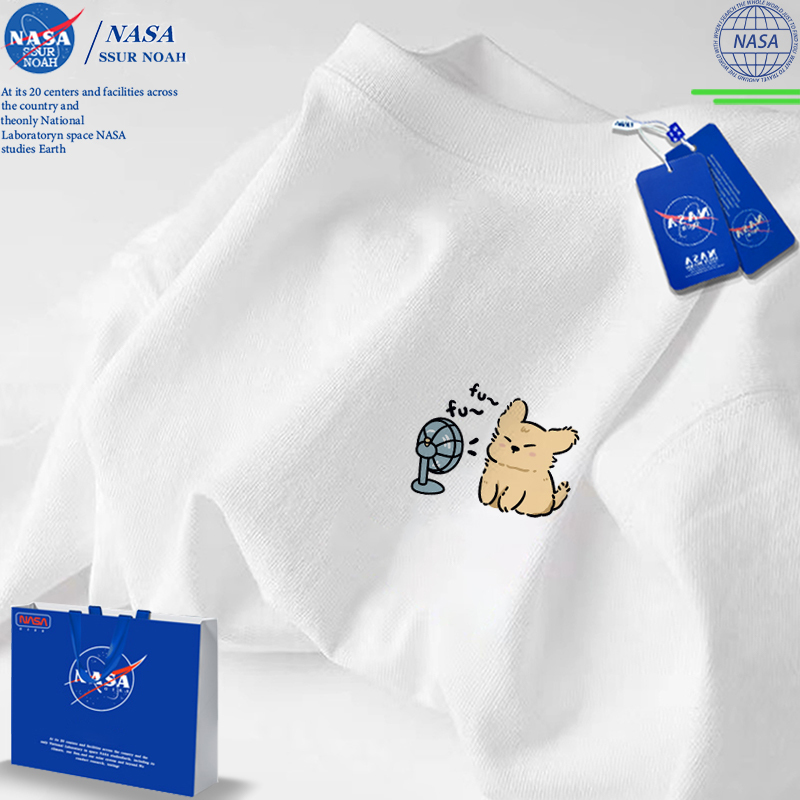 Nasa Co-Branded Fan-Shaped Puppy Short-Sleeve T-Shirt for Men, Summer Trendy Youth Pure Cotton Top, Unisex Style