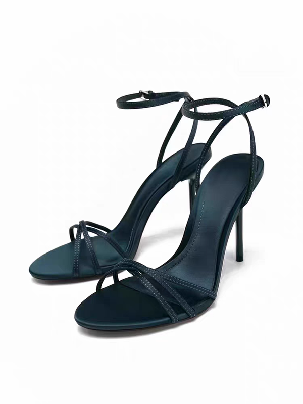 Za2025 Summer New Women's Shoes Dark Blue Silk Satin Texture Effect Strap High-Heeled Sandals Stiletto Sandals 10 ㎝