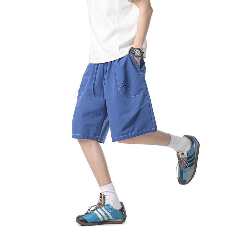 Wainot Trendy Dopamine Blue Contrast-Stitch Work Shorts for Men, Summer American Street Style Sports Shorts