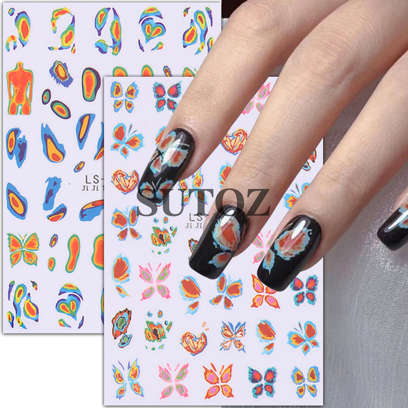 New Nail Art Stickers ins Summer Watercolor Smudged Elegant Van Gogh Abstract Butterfly Heart Nail Adhesive Stickers