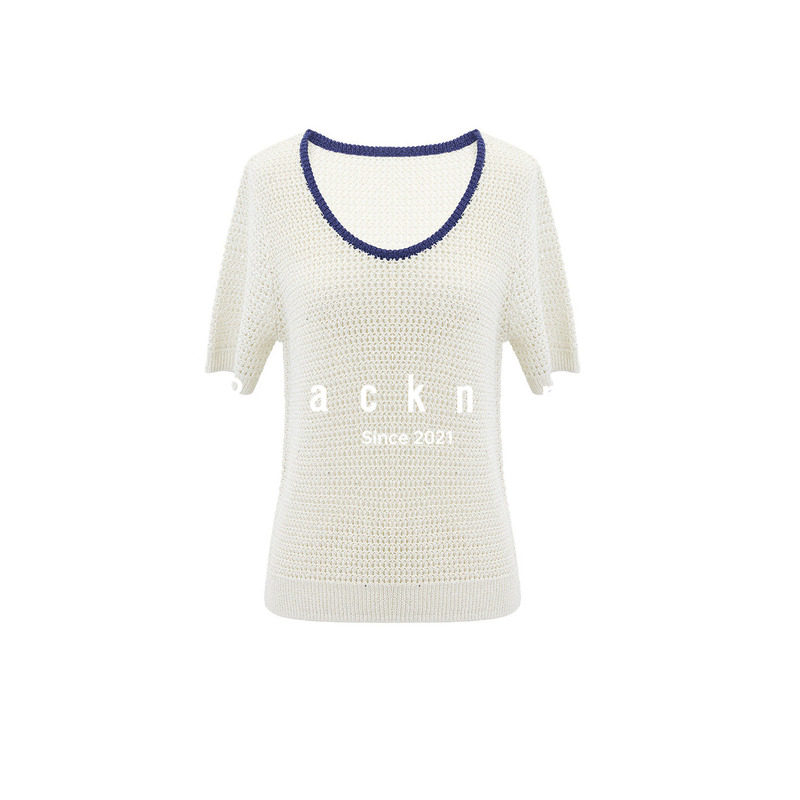 Blacknini “Coastline” Strong Twisted Silver Thread Sequin Fine Shimmer Mesh Hollow-Out Color-Block Knit Vest Short Sleeve Blacknini “Coastline” Strong Twisted Silver Thread Sequin Fine Shimmer Mesh Hollow-Out Color-Block Knit Vest Short Sleeve