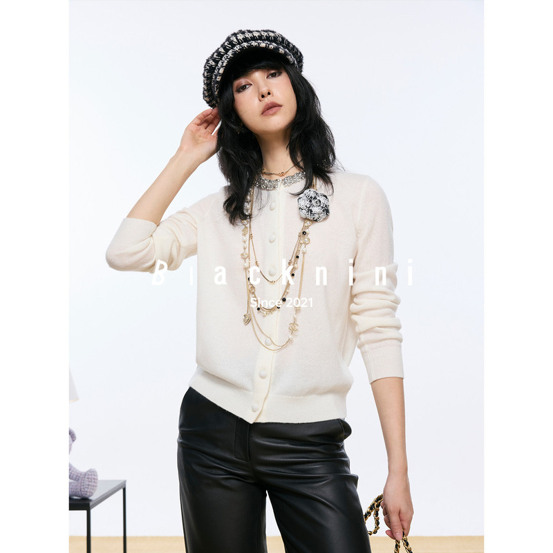 Blacknini (Three Colors) "Diamond Chain Sweater" Wool Cashmere Fine Shimmer Round Neck Knitted Cardigan