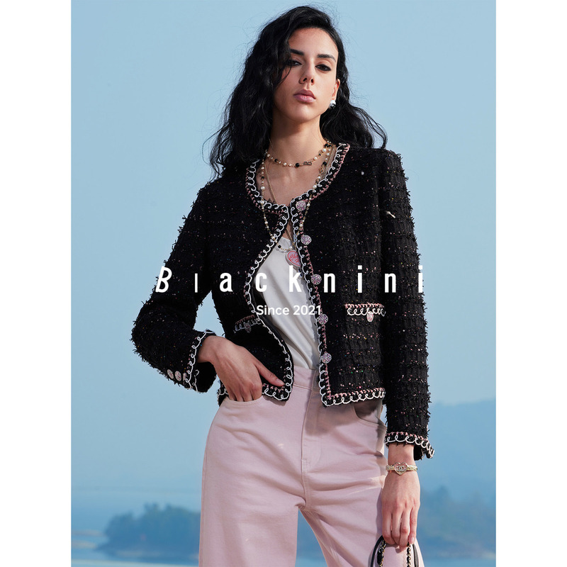 Blacknini "Black Onyx" French Imported M&K Pink Sequin Pearl Ribbon Round Neck Tweed Jacket